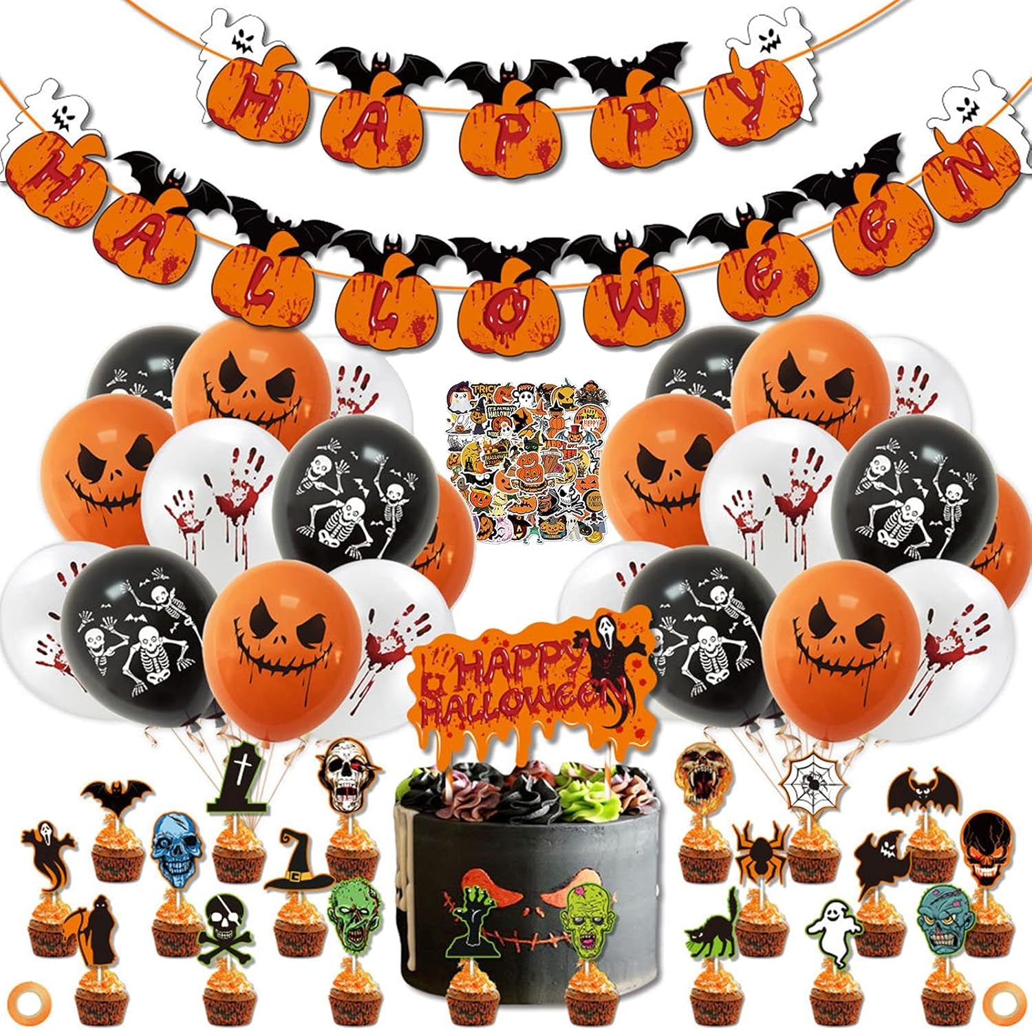 Halloween Party Decorations Supplies Kit 98 Pcs Include Balloons Birthday Cake Cupcake Toppers Stickers for Kids Indoor Outdoor Decor Boy Girls Adult (Pumpkin Theme Style) (082601)