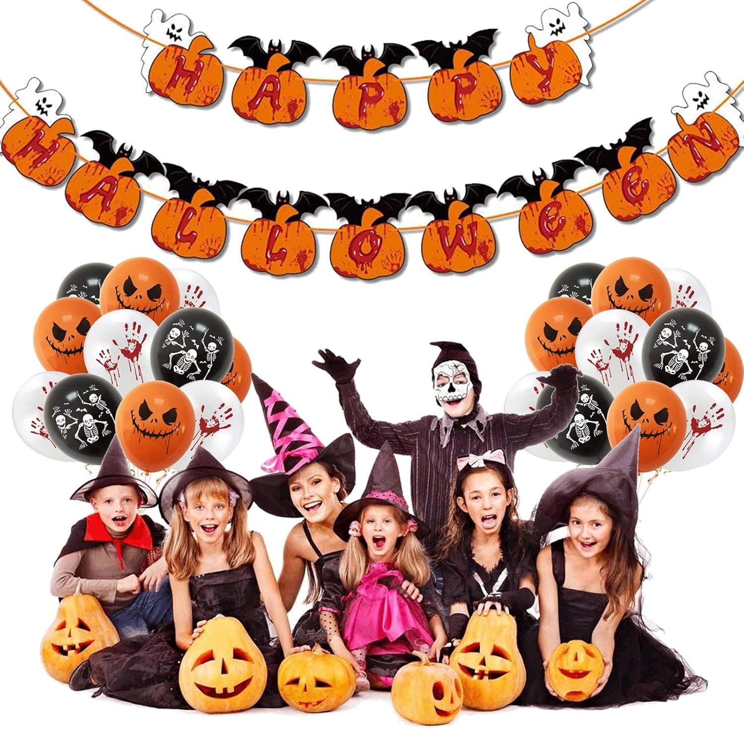 Halloween Party Decorations Supplies Kit 98 Pcs Include Balloons Birthday Cake Cupcake Toppers Stickers for Kids Indoor Outdoor Decor Boy Girls Adult (Pumpkin Theme Style) (082601)