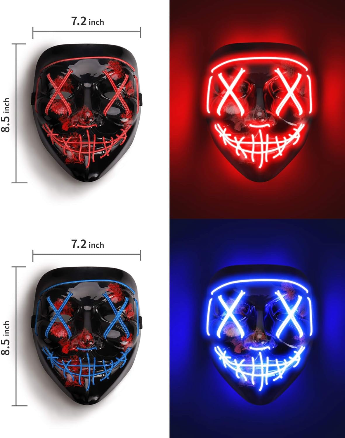 [2 Packs] LED Light up Mask, Halloween Mask with 3 EL Cold Light Modes, Scary Face Mask Cosplay Neon Mask for Men Women Kids